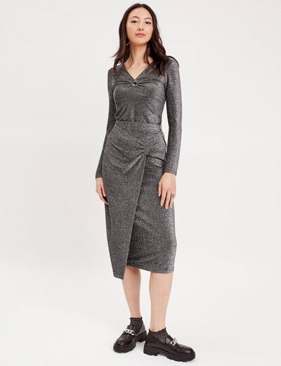 Jupe midi moulante drapée gris argent femme