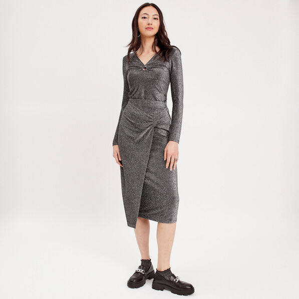 jupe midi moulante drapee gris argent femme Jupe midi moulante drapée gris argent femme