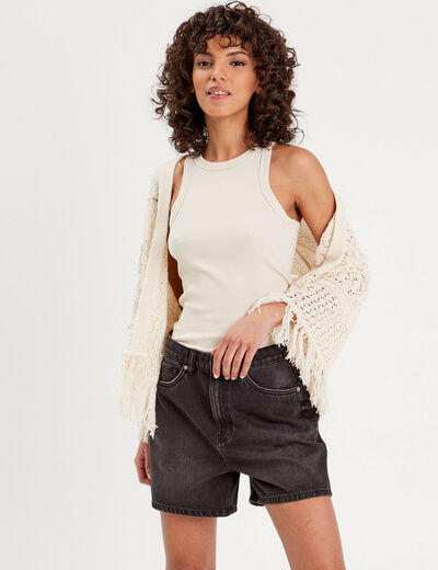 Gilet ajouré avec franges ecru femme