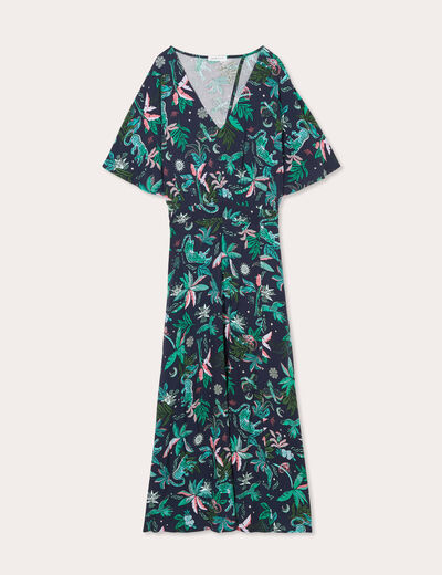 Robe longue évasée col en V bleu marine femme