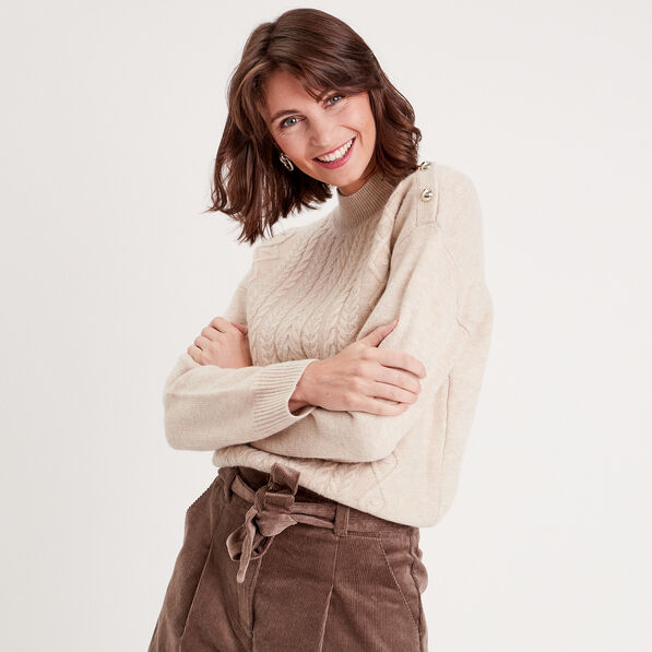 pull col montant avec torsades sable femme Pull col montant avec torsades sable femme