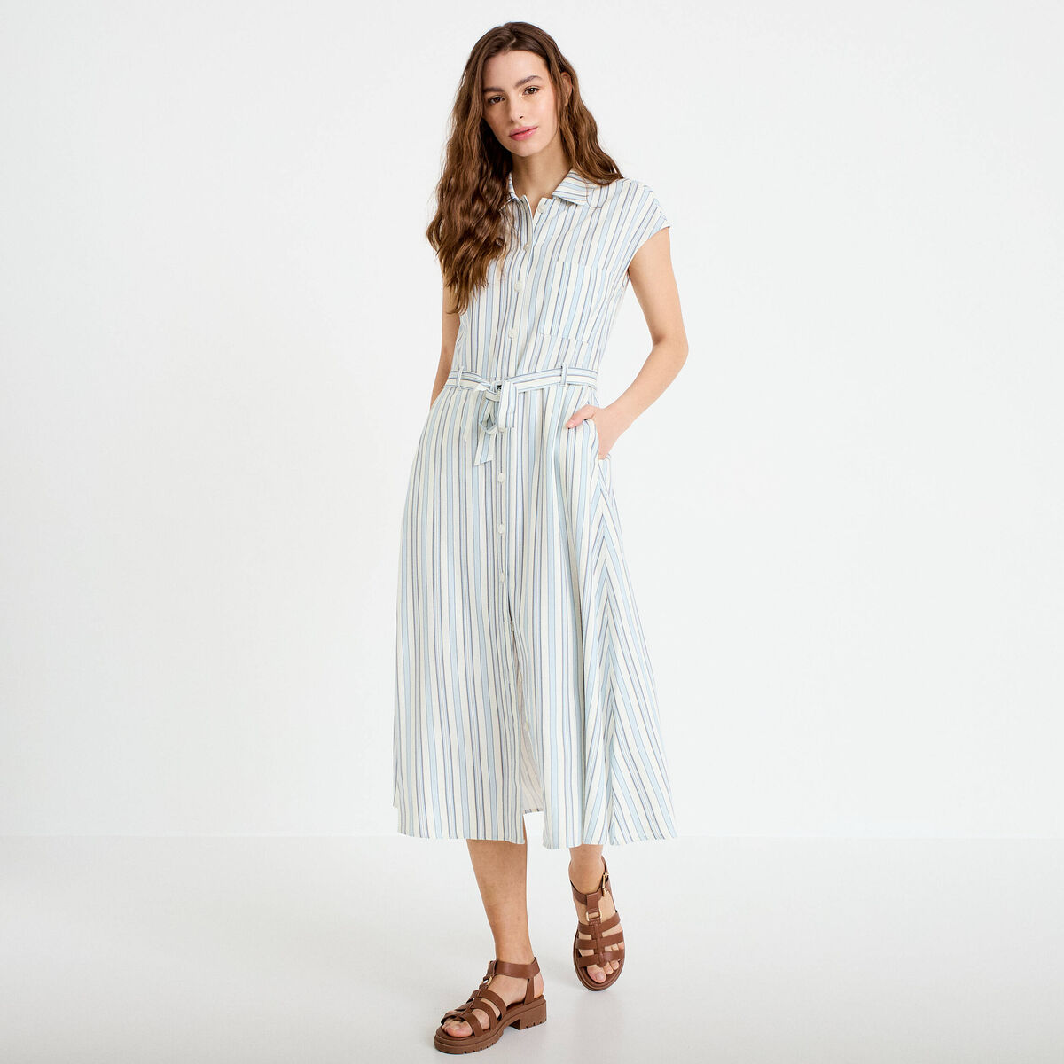 Robe midi &eacute;vas&eacute;e manches tr&egrave;s courtes blanc femme