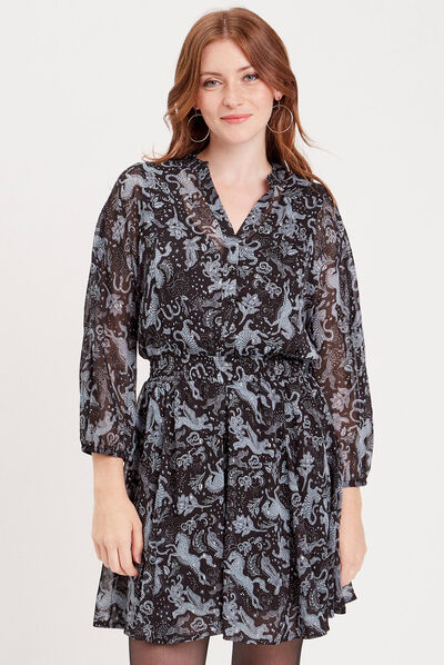 Robe évasée manches longues noir femme