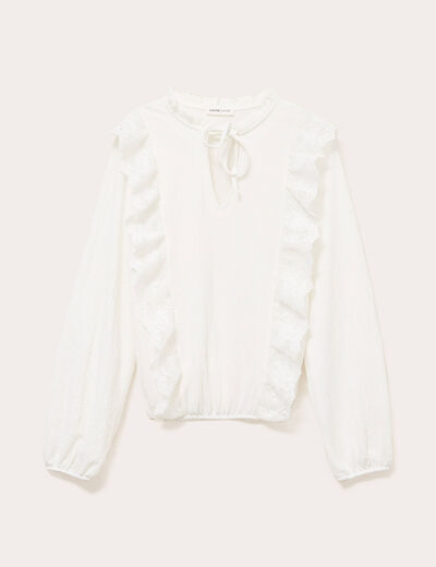 Blouse col mao bas resserr&eacute; dentelle ecru femme