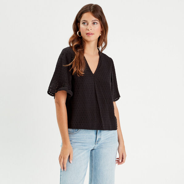 Blouse manches courtes brodée noir femme
