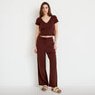 Pantalon large taille haute en cr&ecirc;pe marron femme