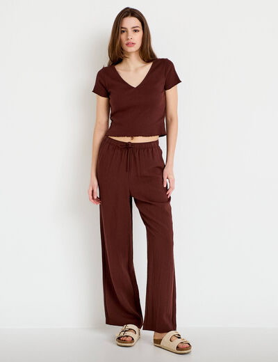 Pantalon large taille haute en cr&ecirc;pe marron femme