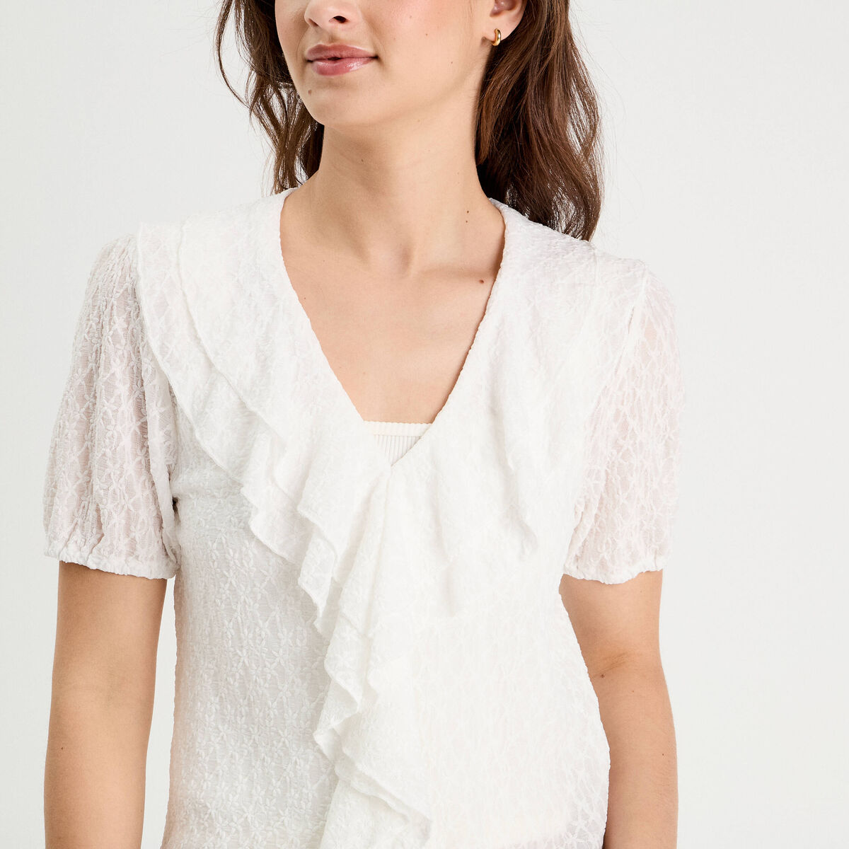 Blouse dentelle et volants blanc femme