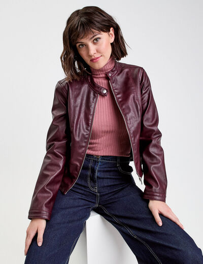 Veste simili cuir zippée prune femme