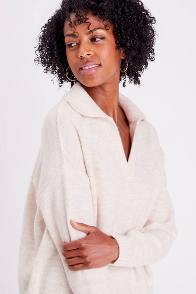 Pull avec col polo beige femme