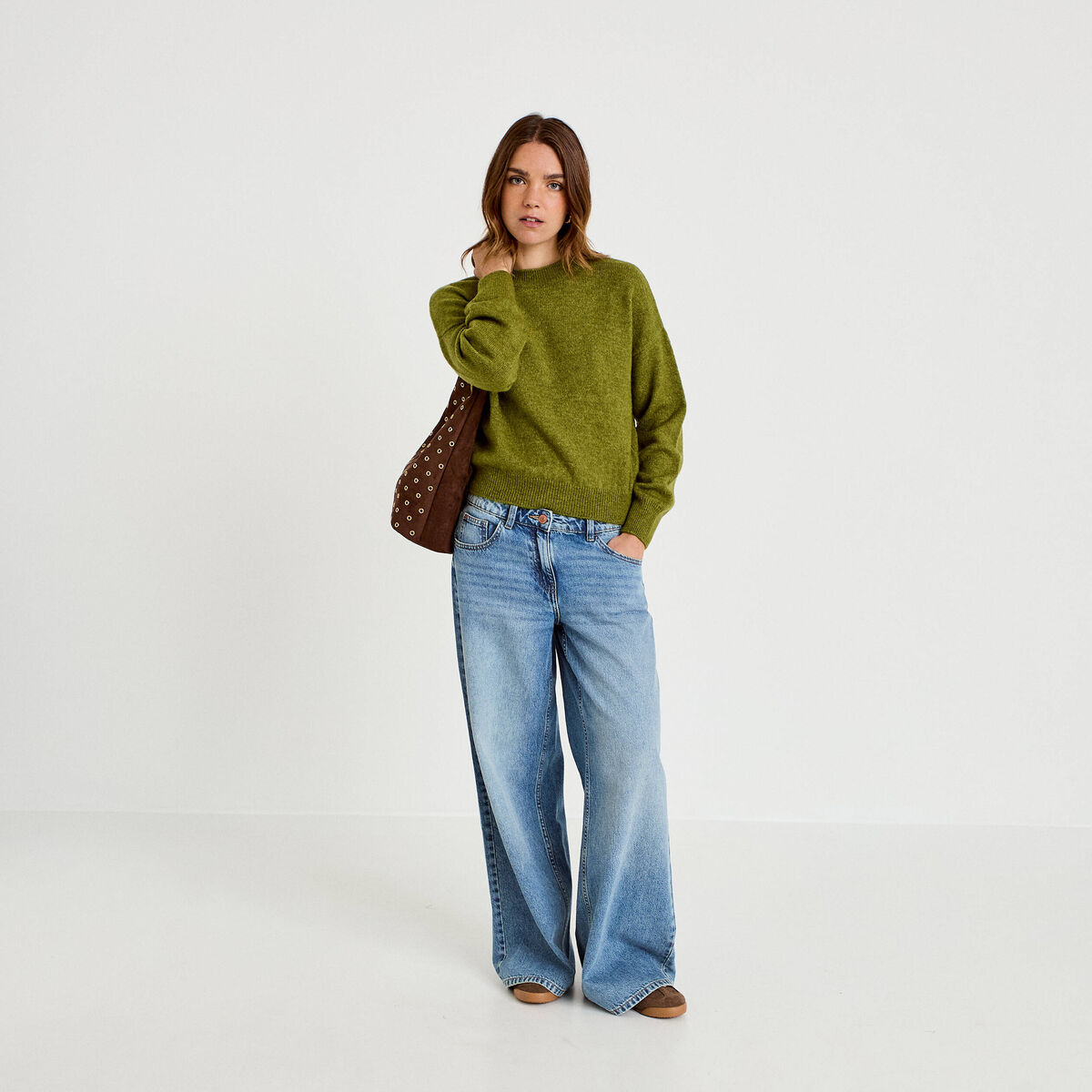 Pull col rond manches longues vert fonc&eacute; femme