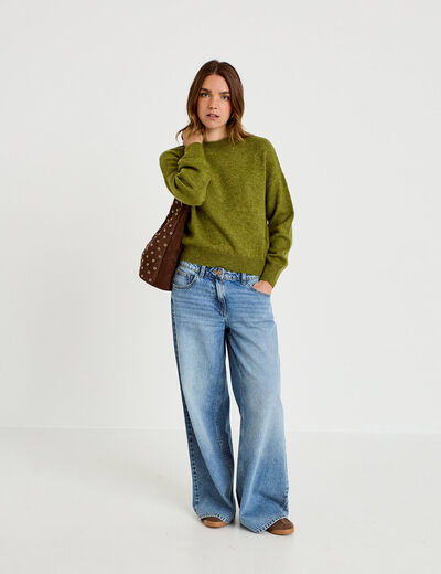 Pull col rond manches longues vert fonc&eacute; femme