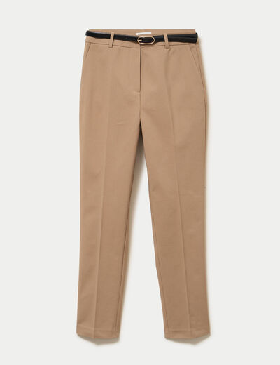 Pantalon cigarette ceintur&eacute; beige femme