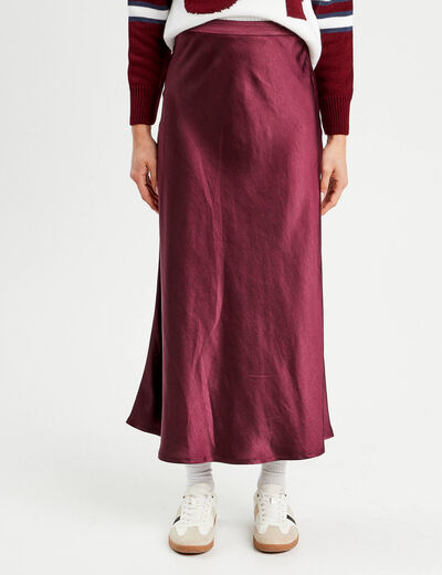 Jupe midi droite satin prune femme