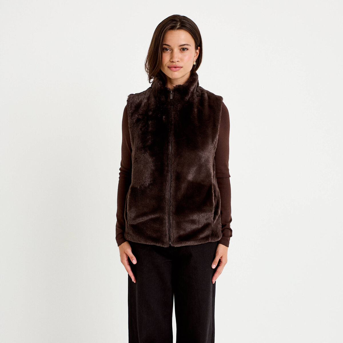 Veste sans manches fermeture zipp&eacute;e marron fonc&eacute; femme