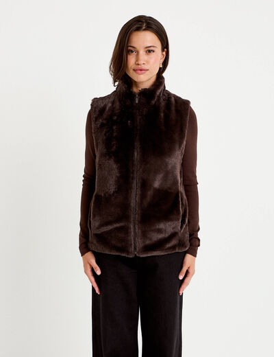 Veste sans manches fermeture zipp&eacute;e marron fonc&eacute; femme