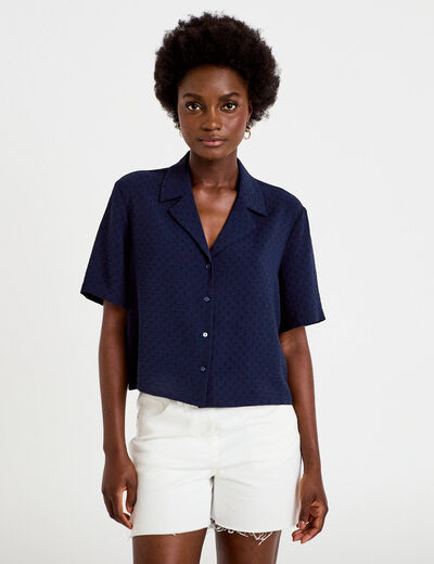 Chemise droite cropped col classique bleu marine femme