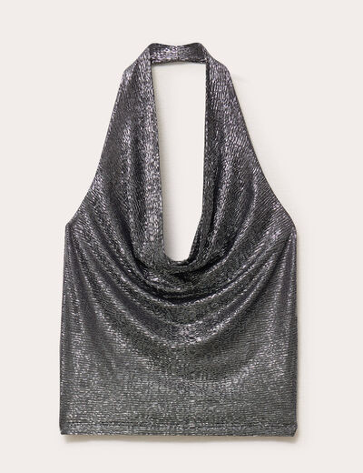 Top ajust&eacute; sans manches col b&eacute;nitier gris argent femme
