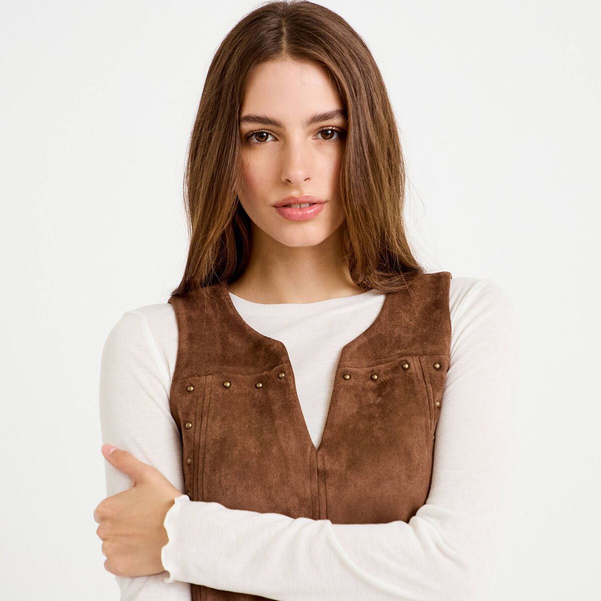 Robe droite courte sans manches col rond marron femme