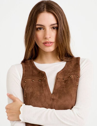 Robe droite courte sans manches col rond marron femme
