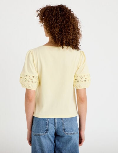 T-shirt col rond manches courtes jaune pastel femme