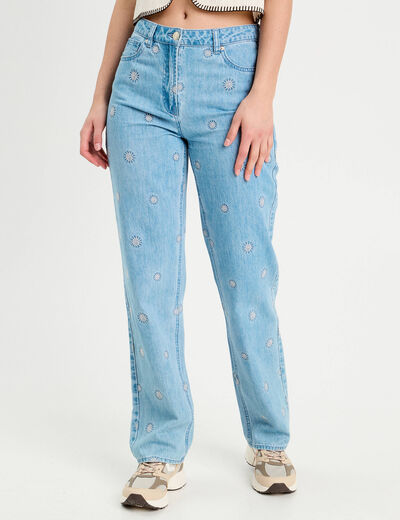 Jeans droit brodé blanc femme
