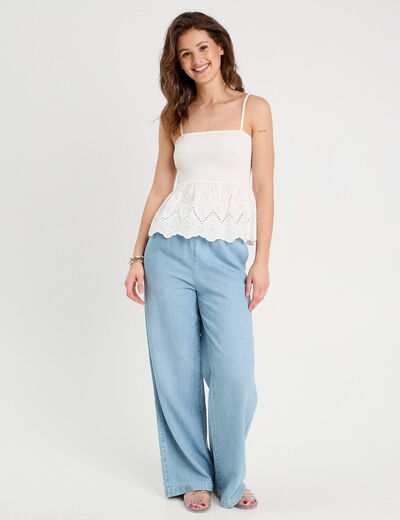 Débardeur smocké et broderie blanc femme