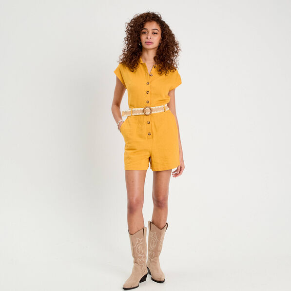 Combishort ceinturée contenant du lin jaune citron femme