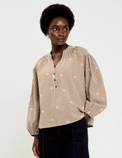 Blouse vichy brod&eacute;e blanc femme