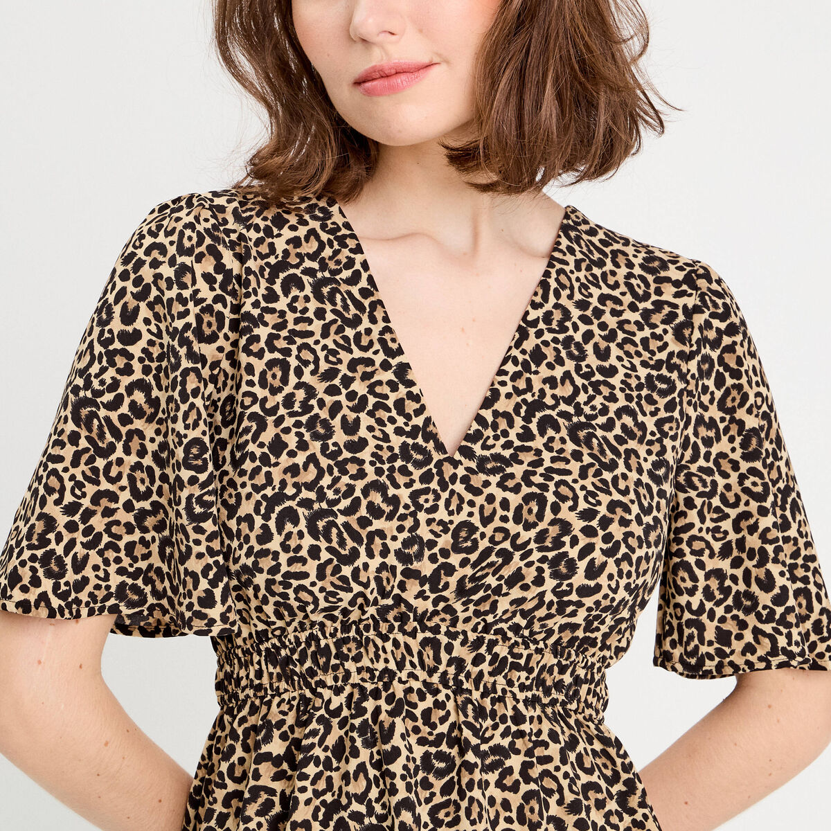 Robe évasée manches courtes beige femme