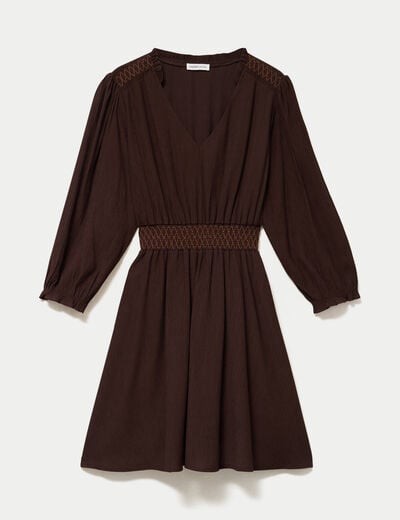 Robe courte &eacute;vas&eacute;e col v manches 3/4 marron fonc&eacute; femme