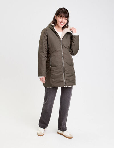 Parka réversible à capuche vert kaki femme