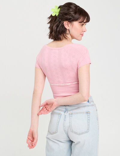 Pull cropped brodé rose poudrée femme