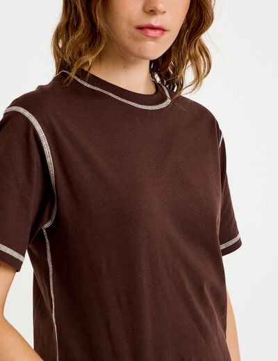 Top col rond manches courtes marron fonc&eacute; femme