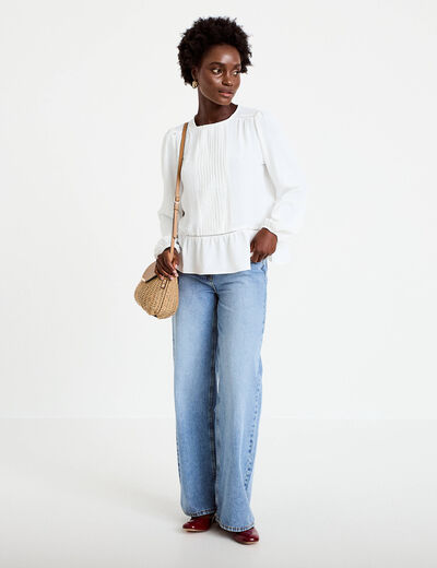 Blouse ajour&eacute;e col rond manches longues ecru femme