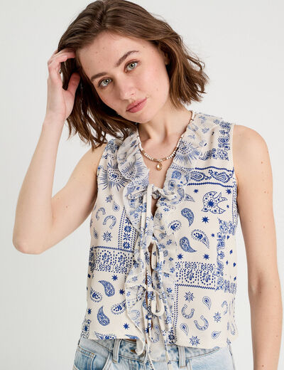 Blouse nouée sans manches blanc femme