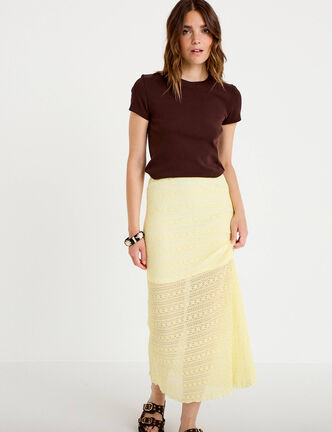Jupe longue droite en dentelle jaune clair femme