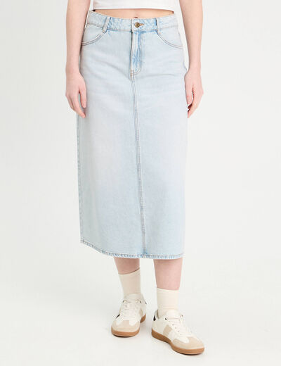 Jupe longue évasée en jean denim bleach femme