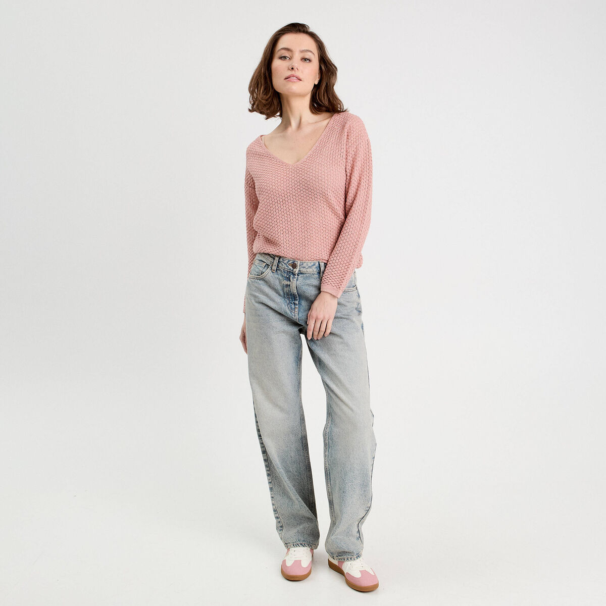 Pull ajouré manches longues rose pastel femme