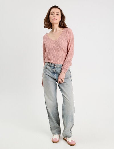 Pull ajouré manches longues rose pastel femme