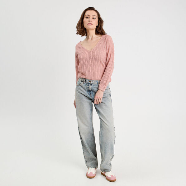 Pull ajouré manches longues rose pastel femme