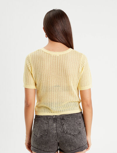 Pull manches courtes ajouré jaune moutarde femme