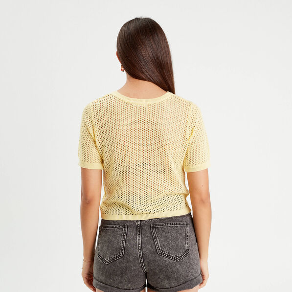 pull manches courtes ajoure jaune moutarde femme Pull manches courtes ajouré jaune moutarde femme