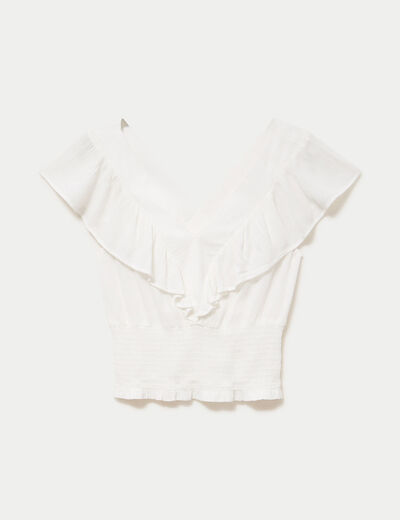 Blouse cintr&eacute;e cropped sans manches ecru femme