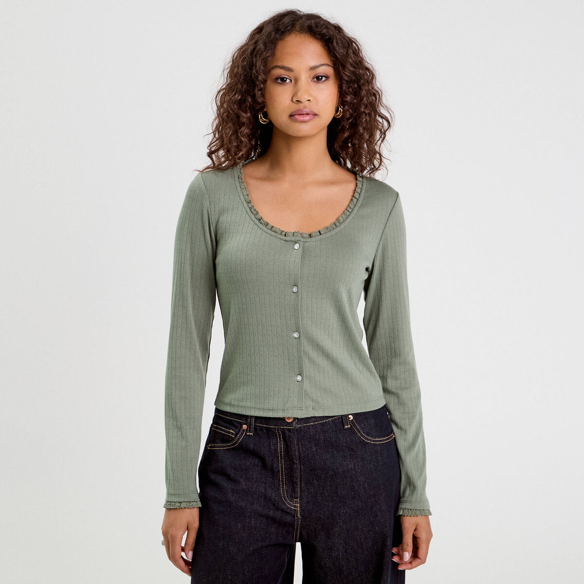 T-shirt manches longues vert kaki femme
