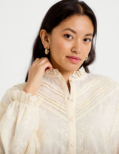 Blouse ample col montant manches longues ivoire femme