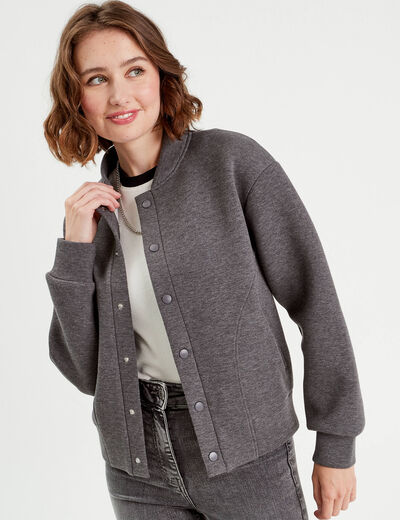 Sweat boutonné col teddy gris foncé femme