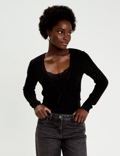 Pull cropped avec noeud noir femme