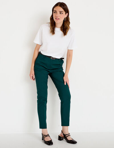 Pantalon cigarette ceintur&eacute; vert fonc&eacute; femme