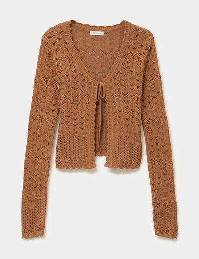 Gilet ajour&eacute; cintr&eacute; manches longues beige femme